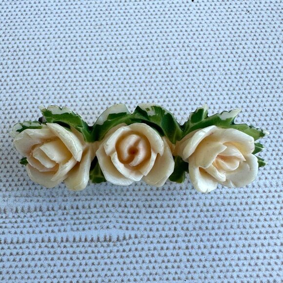 Antique Carved Celluloid Rose Floral Brooch - Picture 2 of 12